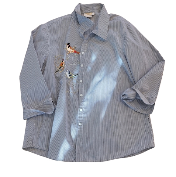 Tia Designs Pinstriped Embroidered Birds Top - Picture 1 of 5